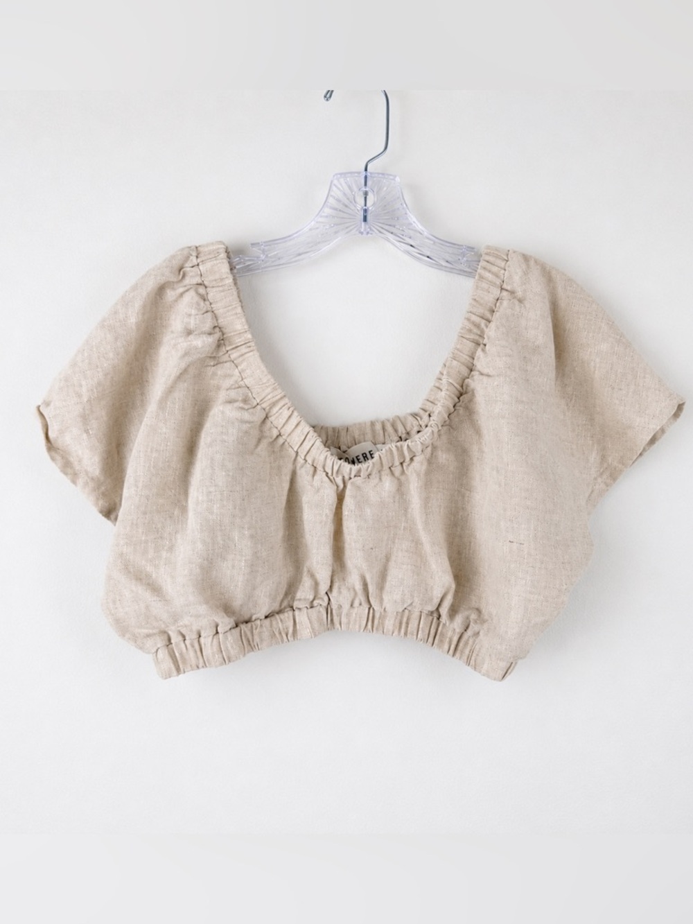SOVERE Linen Crop Top Oatmeal Beige Size L Off The Shoulder Short Sleeve Neutral